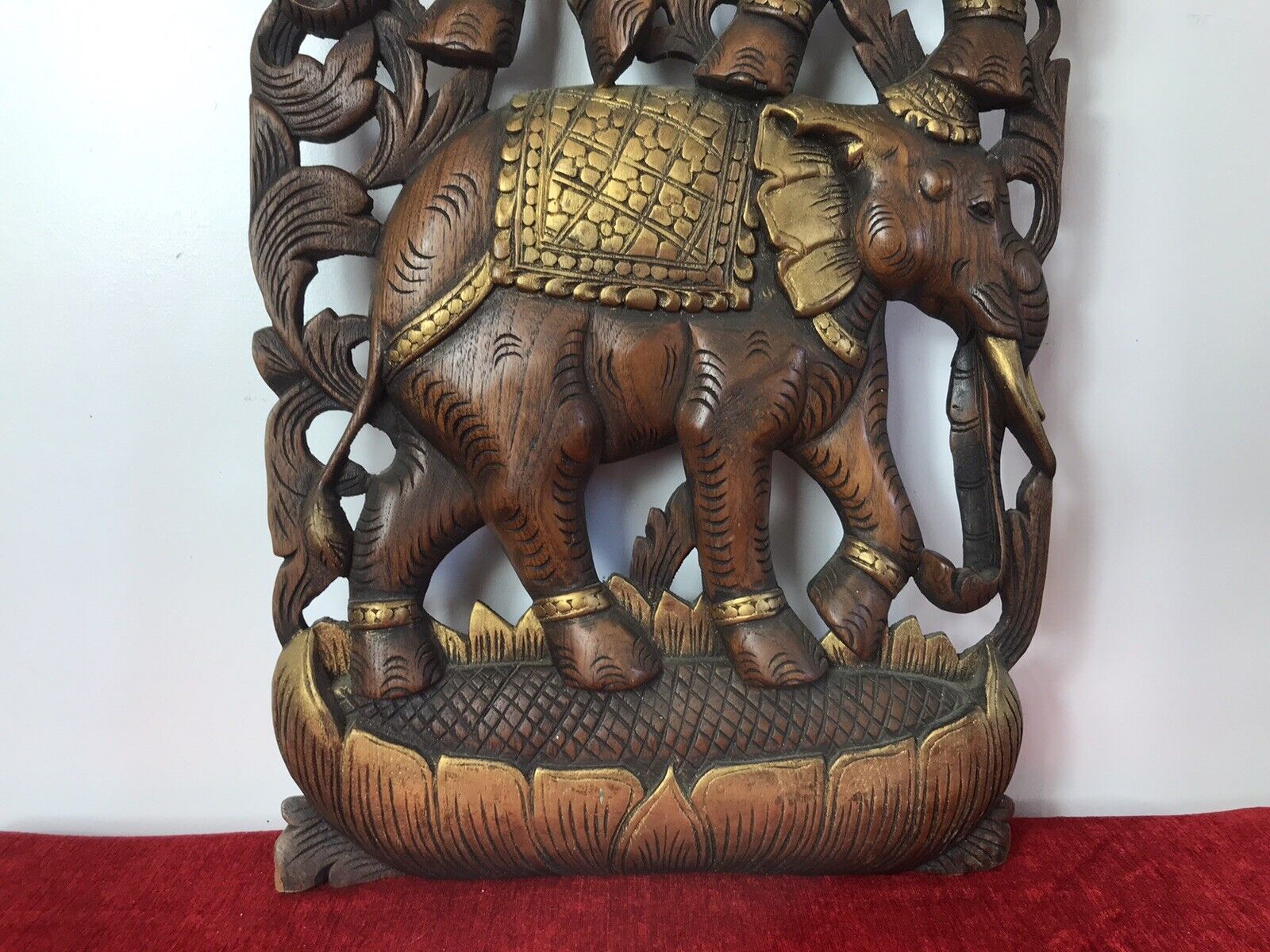 Large Hand Carved Plaque Of Balancing Trio Of Elephants In Hardwood & Gilt Work photo buy
