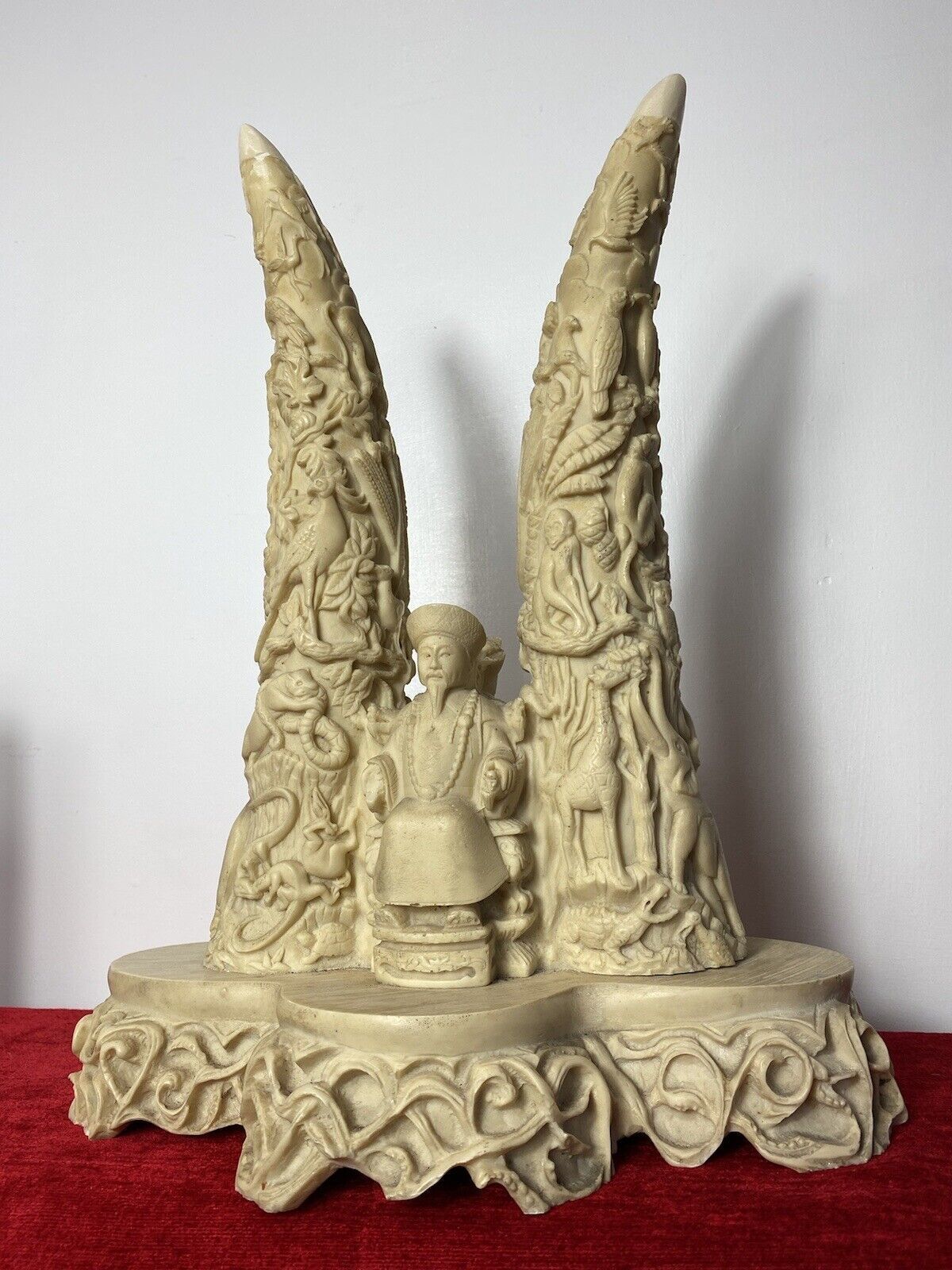 Reproduction Elaborate Exhibition Double Rhino Horn Carved Sculpture photo for sale