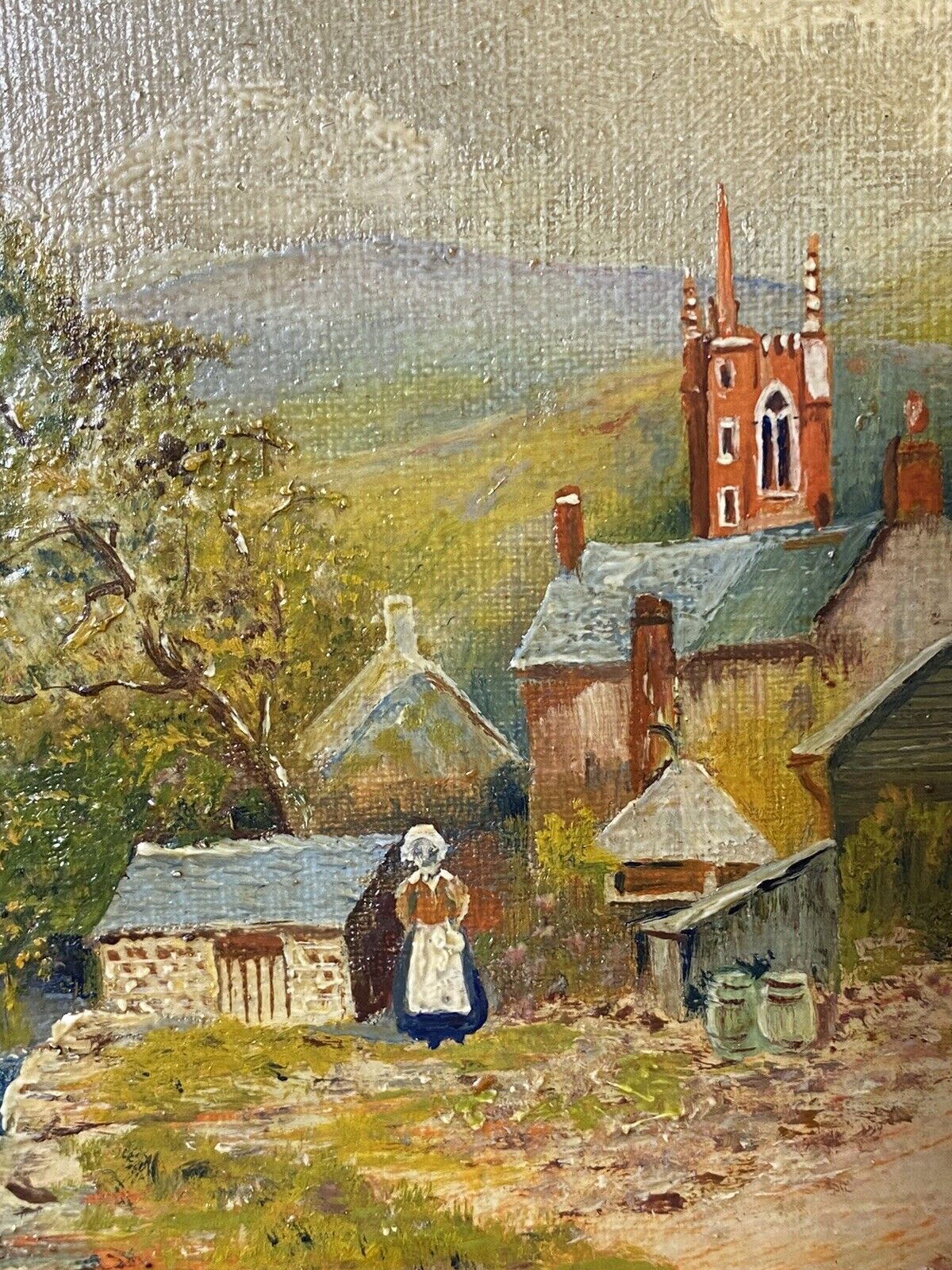 photo furniture Period Victorian Country Scene With 16c Farm House & Figures Oil Painting
