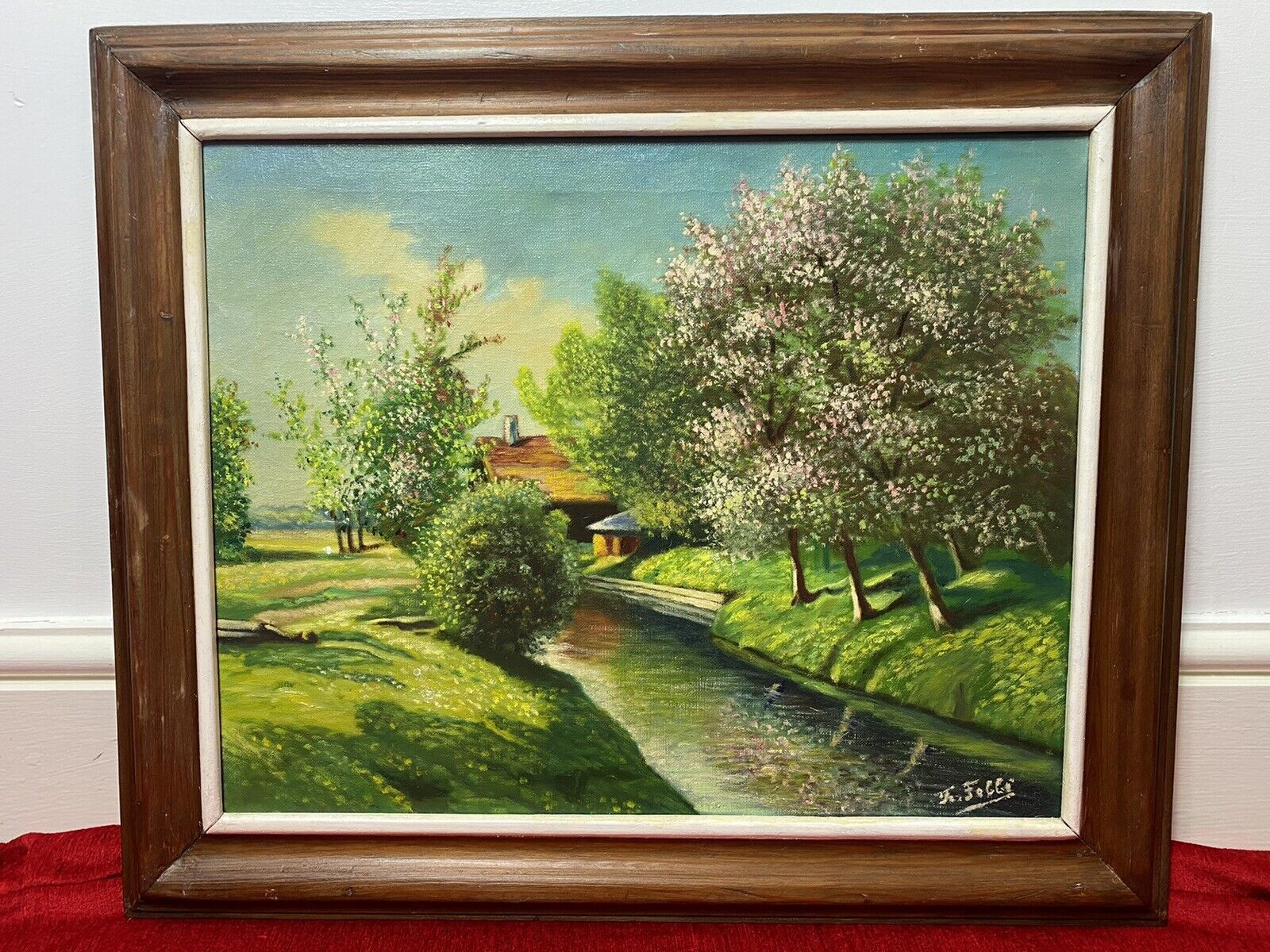 French School Impressionist Riverscape & Avenue Of Blossom Trees Signed F Fobbé photo for sale