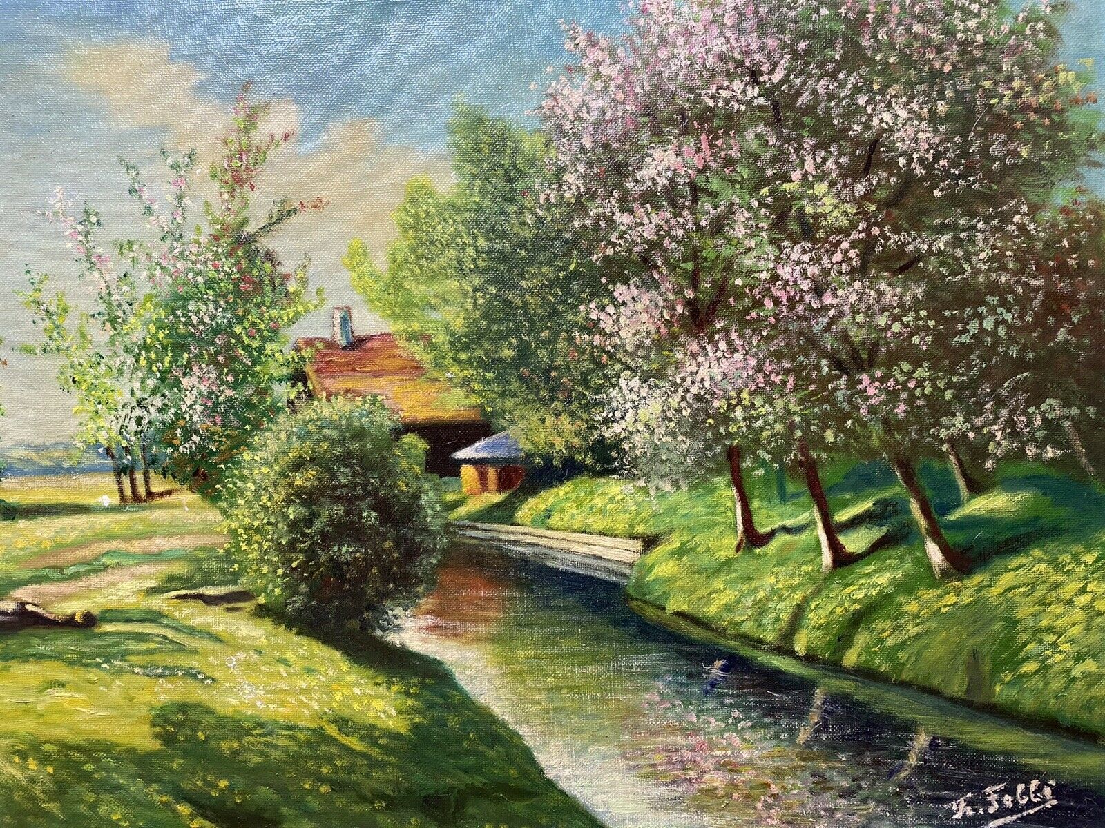 French School Impressionist Riverscape & Avenue Of Blossom Trees Signed F Fobbé photo Art