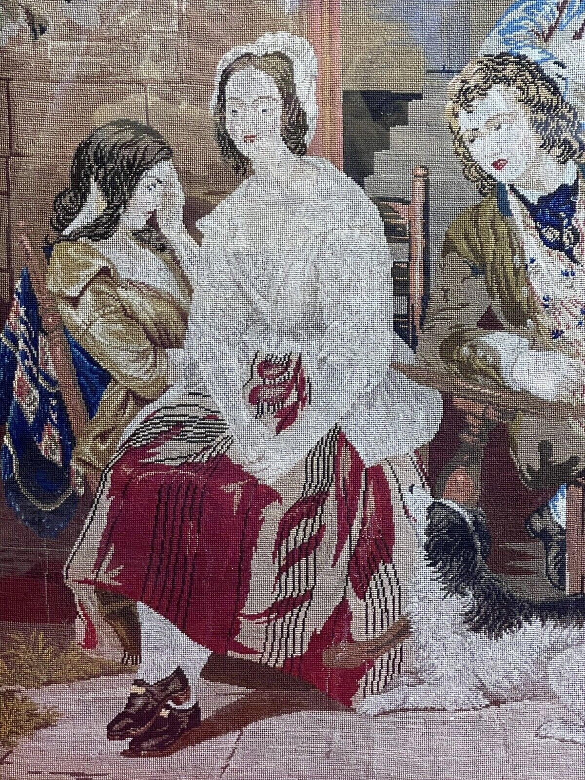 Period Oak Firescreen With Georgian Family Portrait Silkwork Tapestry Sampler photo vintage