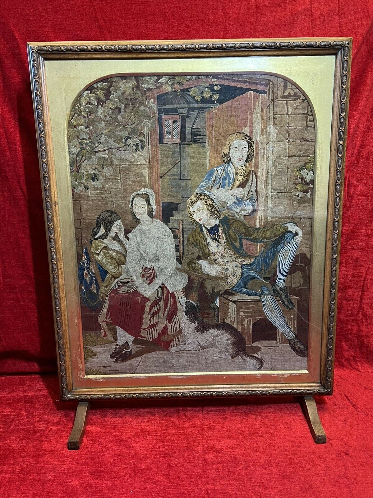 photo for sale Period Oak Firescreen With Georgian Family Portrait Silkwork Tapestry Sampler