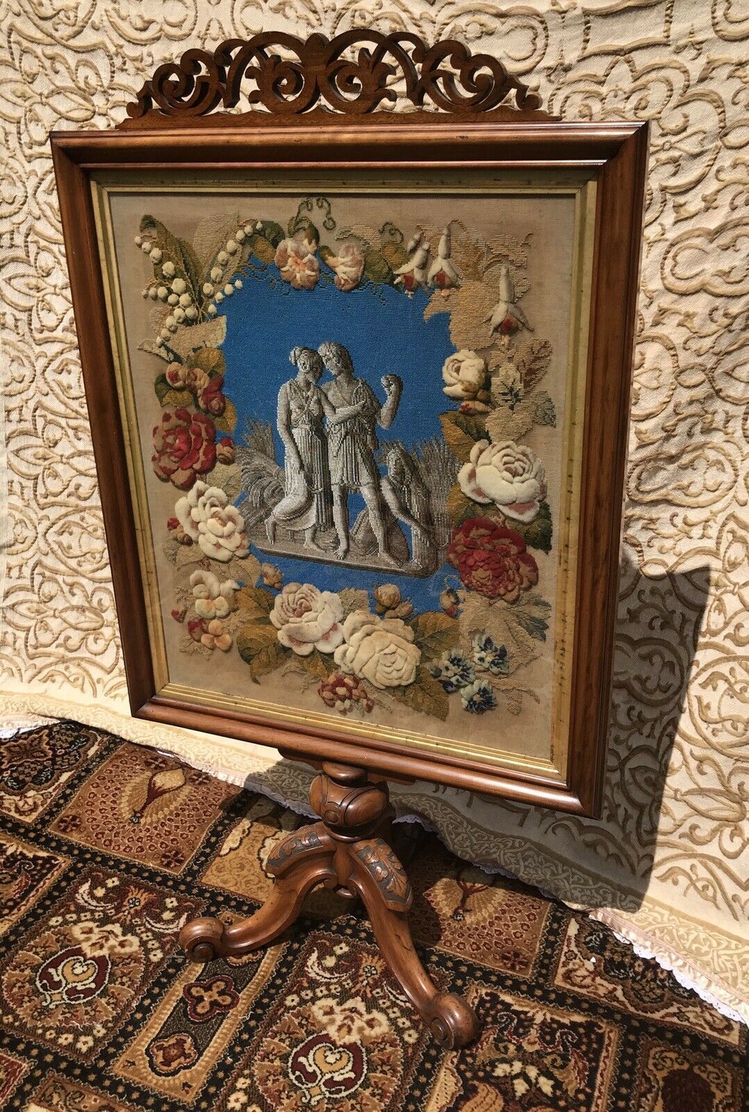 Stunning Museum Quality Fire Screen Decorated With Roman Figures In Beadwork photo furniture
