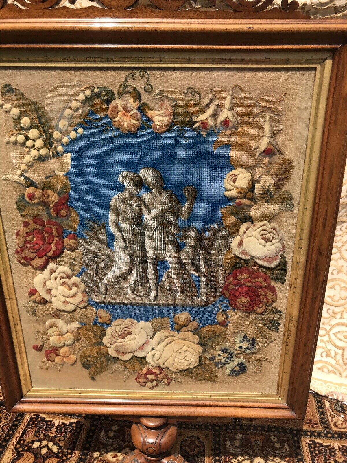 Stunning Museum Quality Fire Screen Decorated With Roman Figures In Beadwork photo vinterior