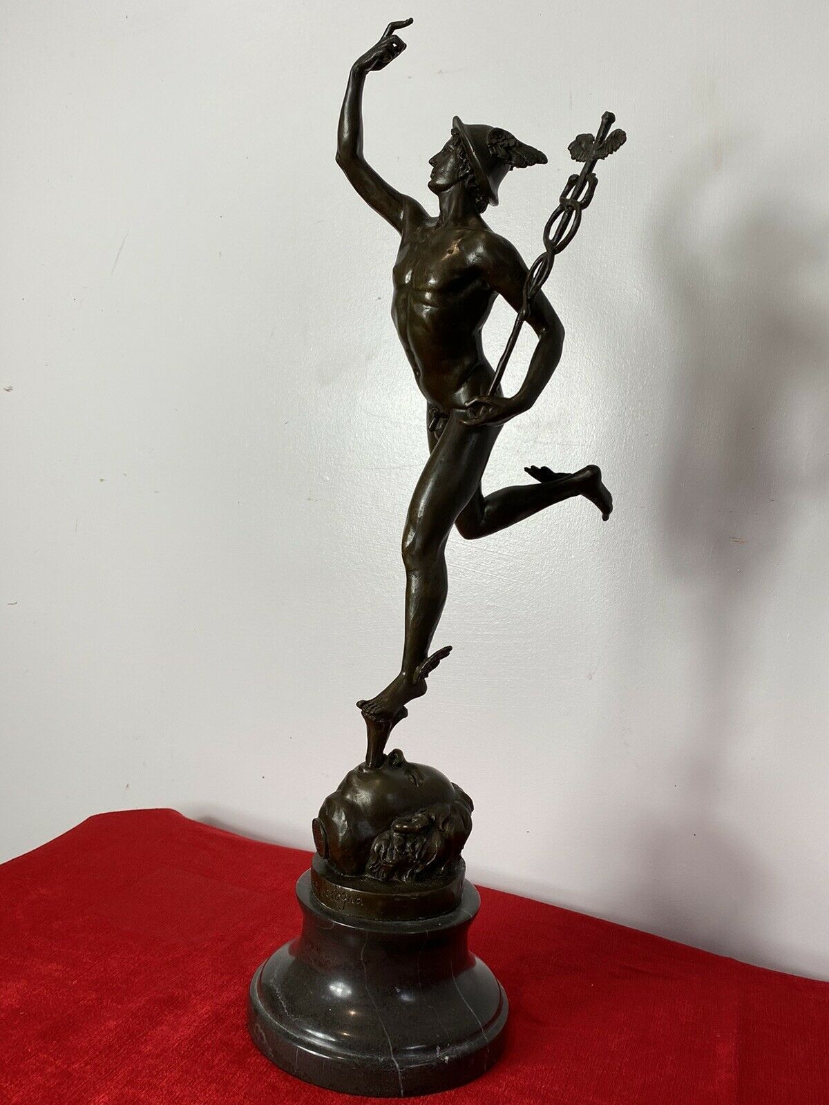 Fine Bronze Romanesque Sculpture Of Hermes After Giambologna Upon Marble Plinth