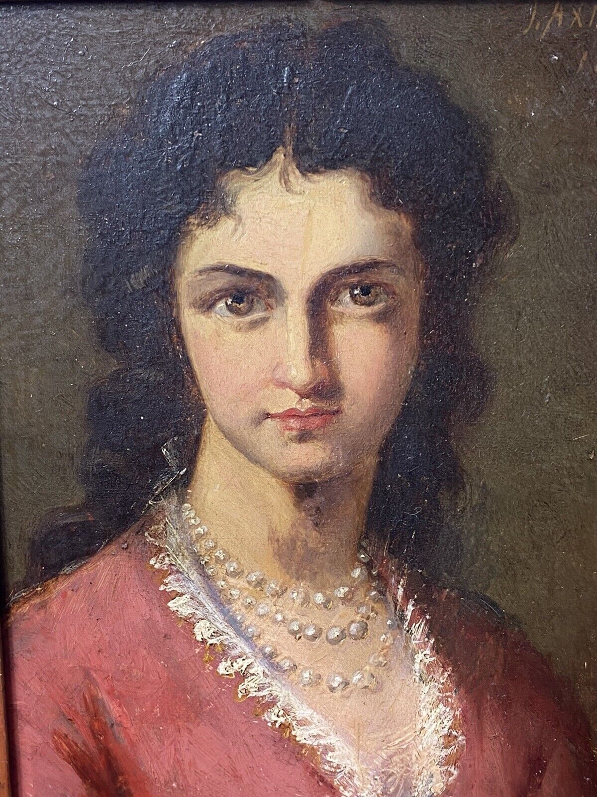 Late 19c Oil Portrait Of Lady Wearing Pearl Necklace Signed By Artist J Axmann photo 950.0