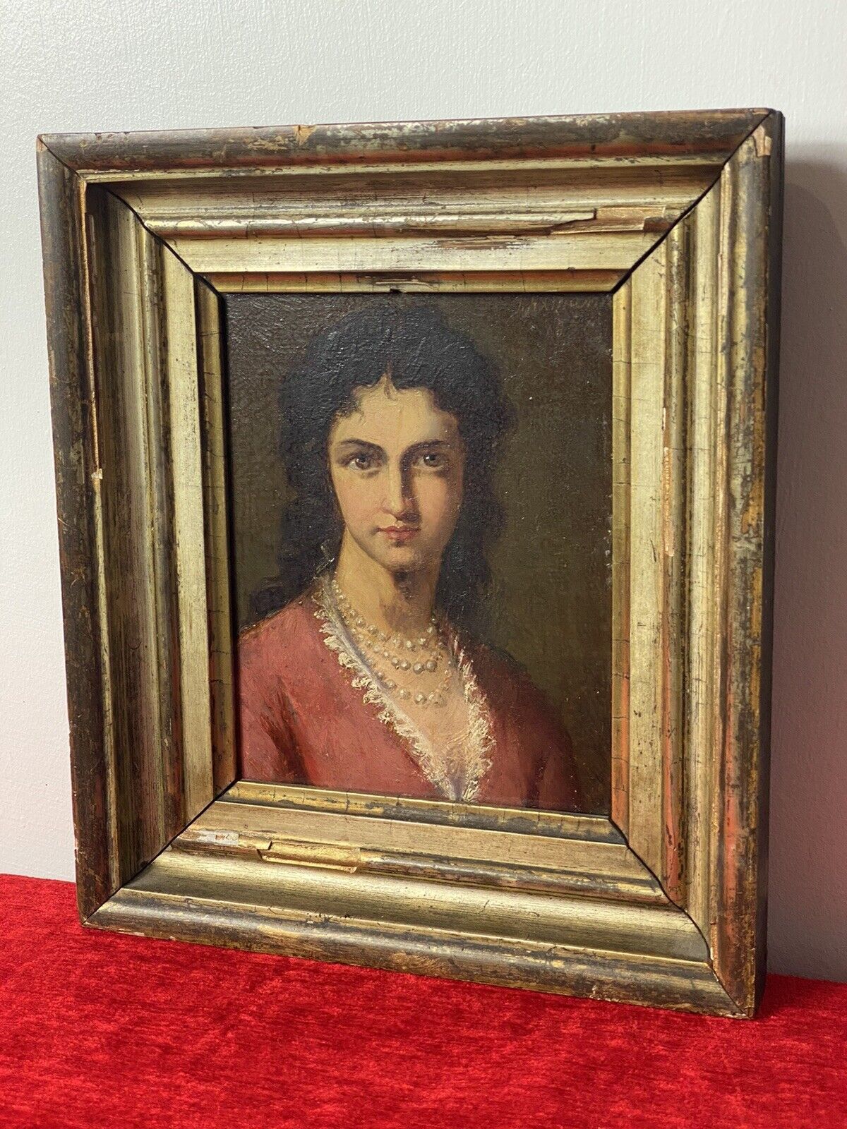 photo furniture Late 19c Oil Portrait Of Lady Wearing Pearl Necklace Signed By Artist J Axmann