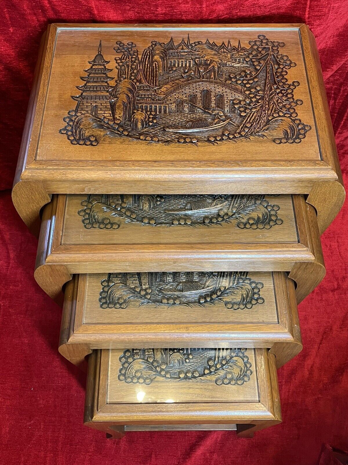 Oriental Teak Nest Of Four Tables With Mudiao Fretwork Temple Landscape Tops
