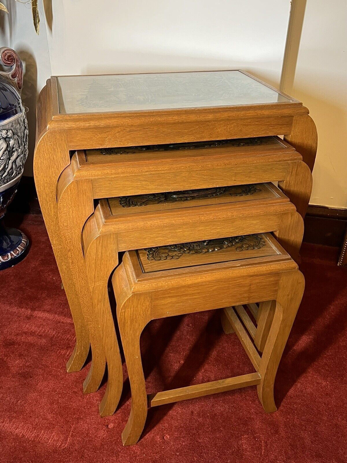 Oriental Teak Nest Of Four Tables With Mudiao Fretwork Temple Landscape Tops photo furniture