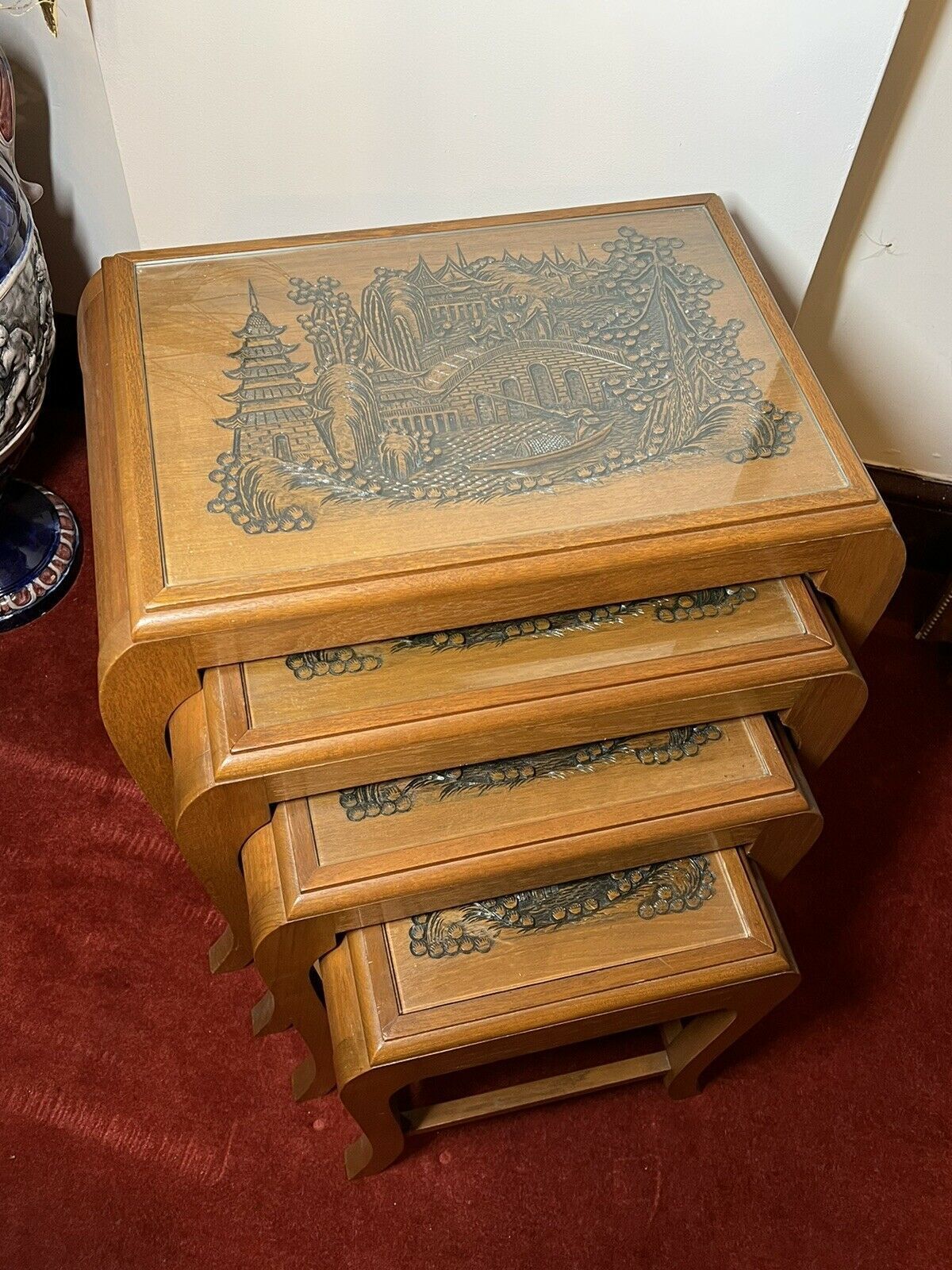 Oriental Teak Nest Of Four Tables With Mudiao Fretwork Temple Landscape Tops photo for sale