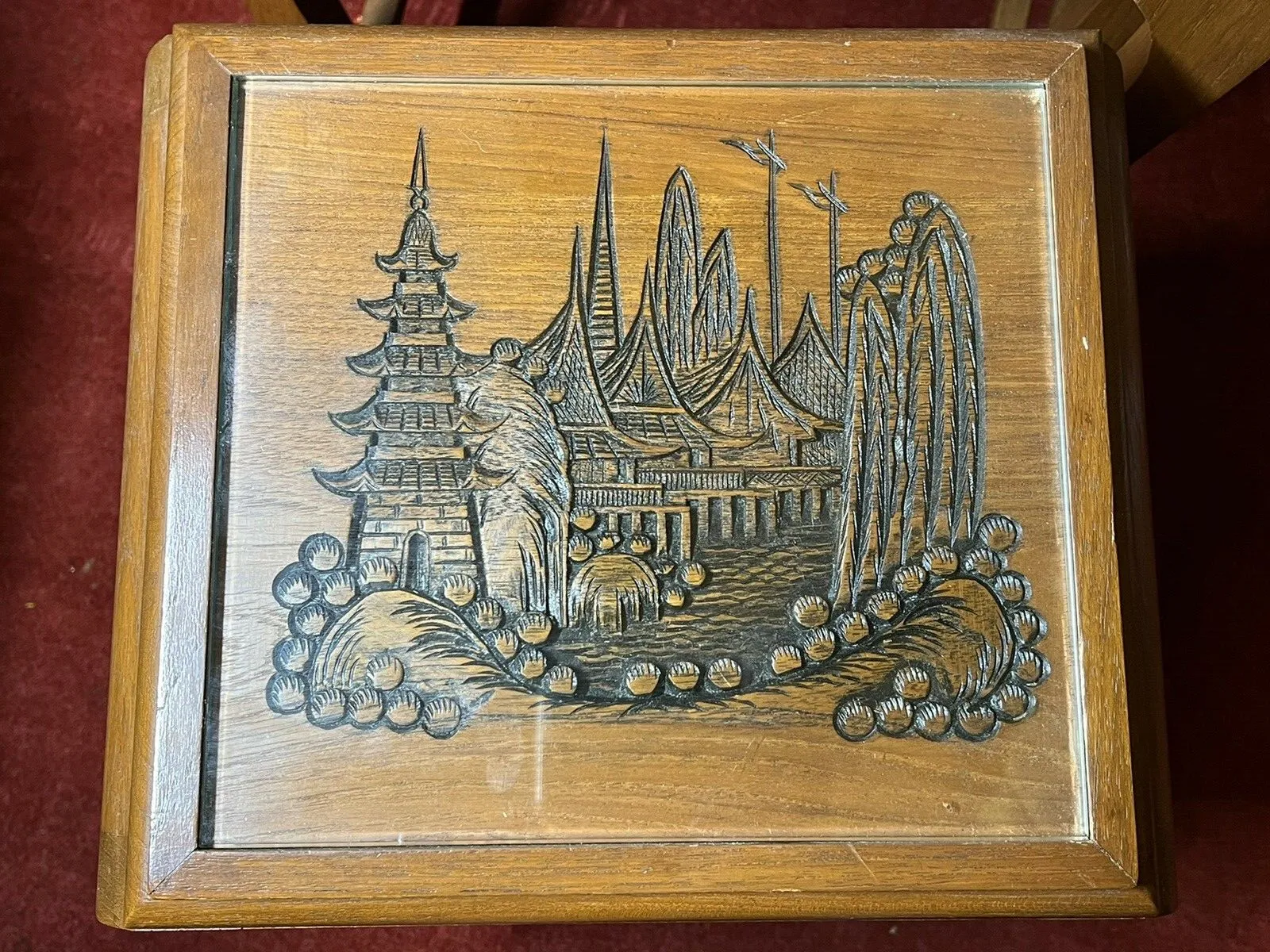 photo furniture Oriental Teak Nest Of Four Tables With Mudiao Fretwork Temple Landscape Tops