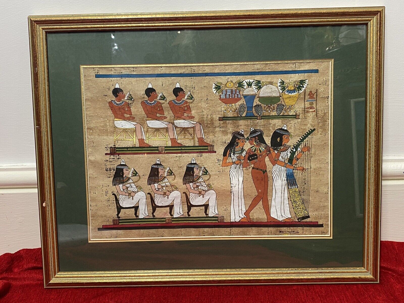 Trio Of Egyptian Hieroglyphic Artworks On Papyrus Set In Glazed Frames photo Art