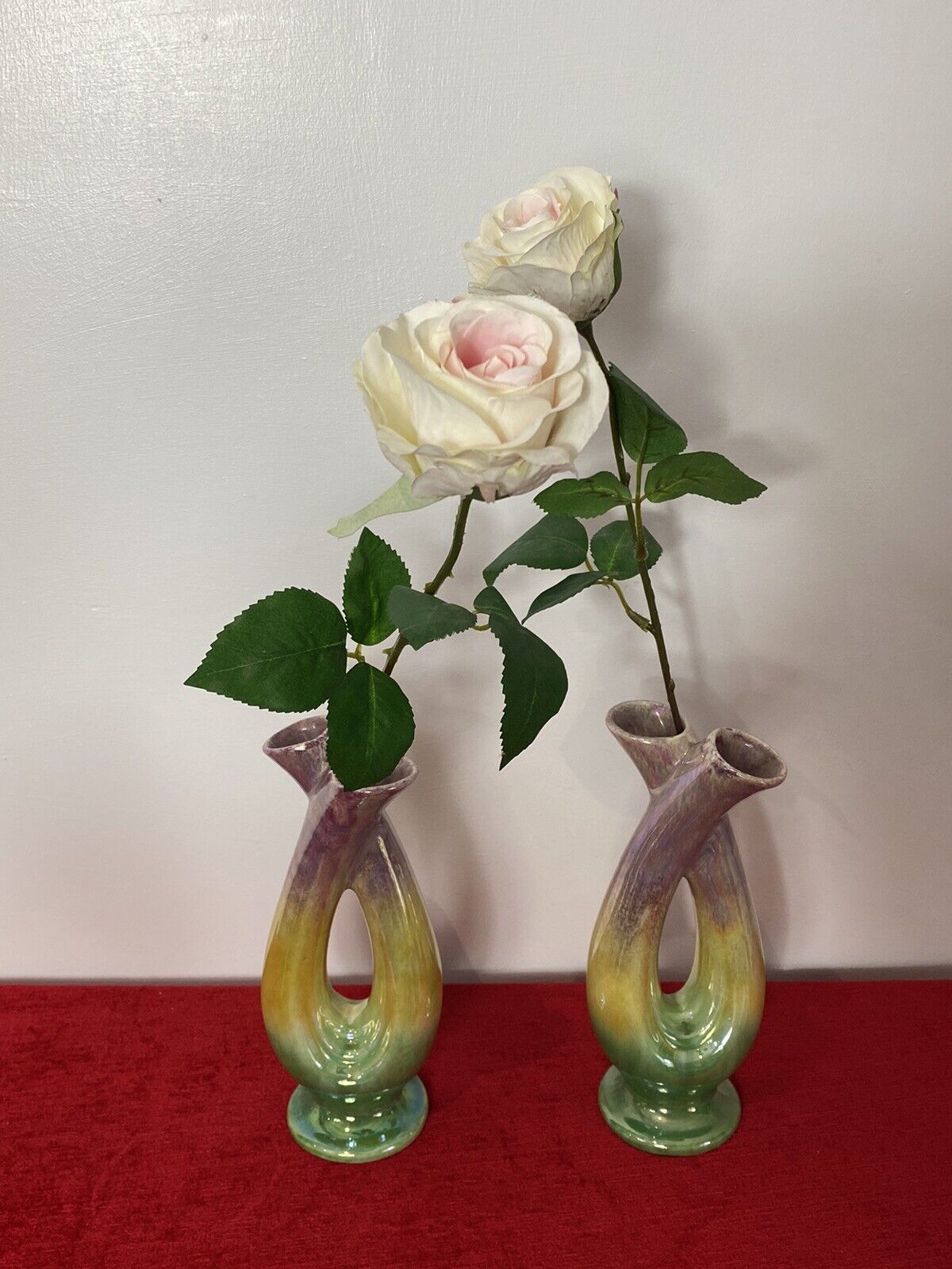 Stunning Pair Of Mid Century German Tri Colour Lustreware Tulip Vases photo furniture