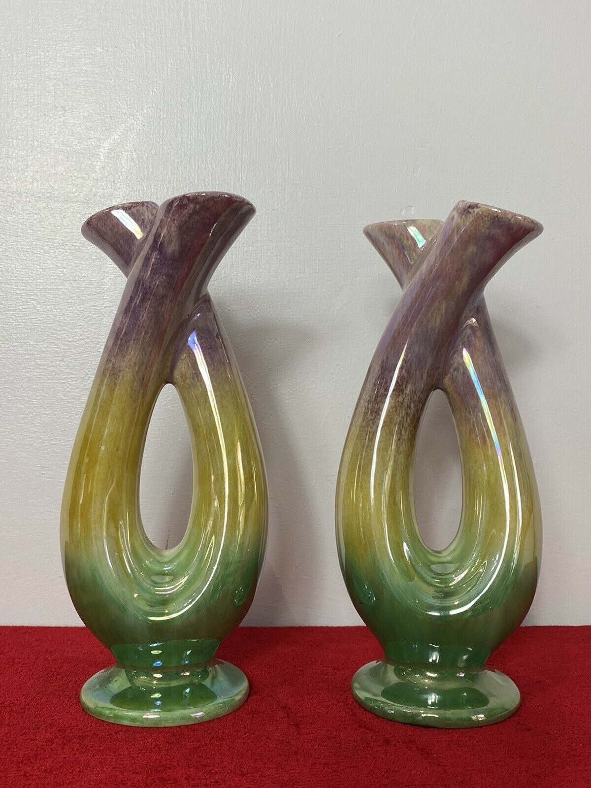 Stunning Pair Of Mid Century German Tri Colour Lustreware Tulip Vases photo Home Decor