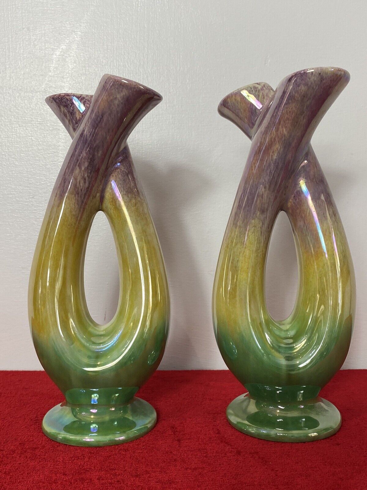 Stunning Pair Of Mid Century German Tri Colour Lustreware Tulip Vases photo vinterior