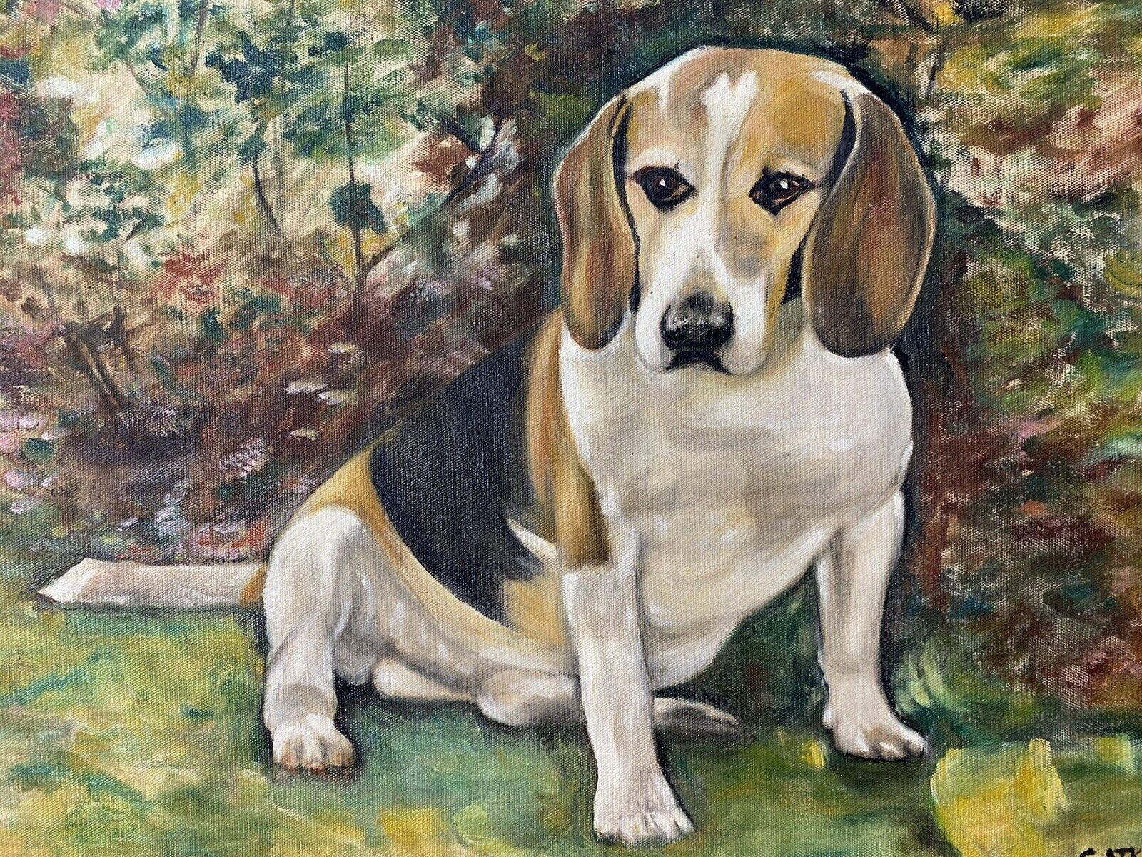 Charming Oil Portrait Of Beagle Dog With Floral Background Signed photo vinterior