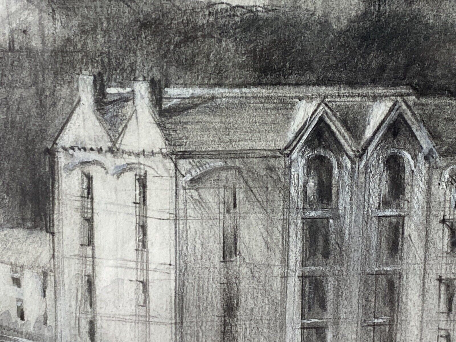 photo for sale Teresa Wearing Pennington Castle Hillside Townscape Pencil Drawing 1989 Signed
