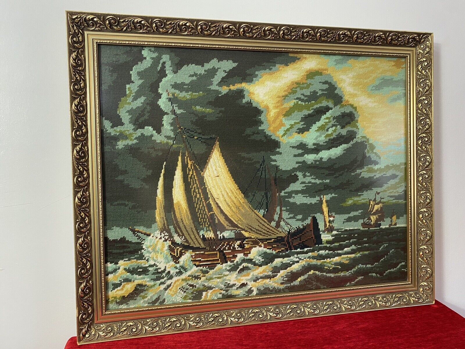 Large Maritime Wool Work Tapestry Masterpiece Of Sailing Ships Upon Stormy Sea photo Art