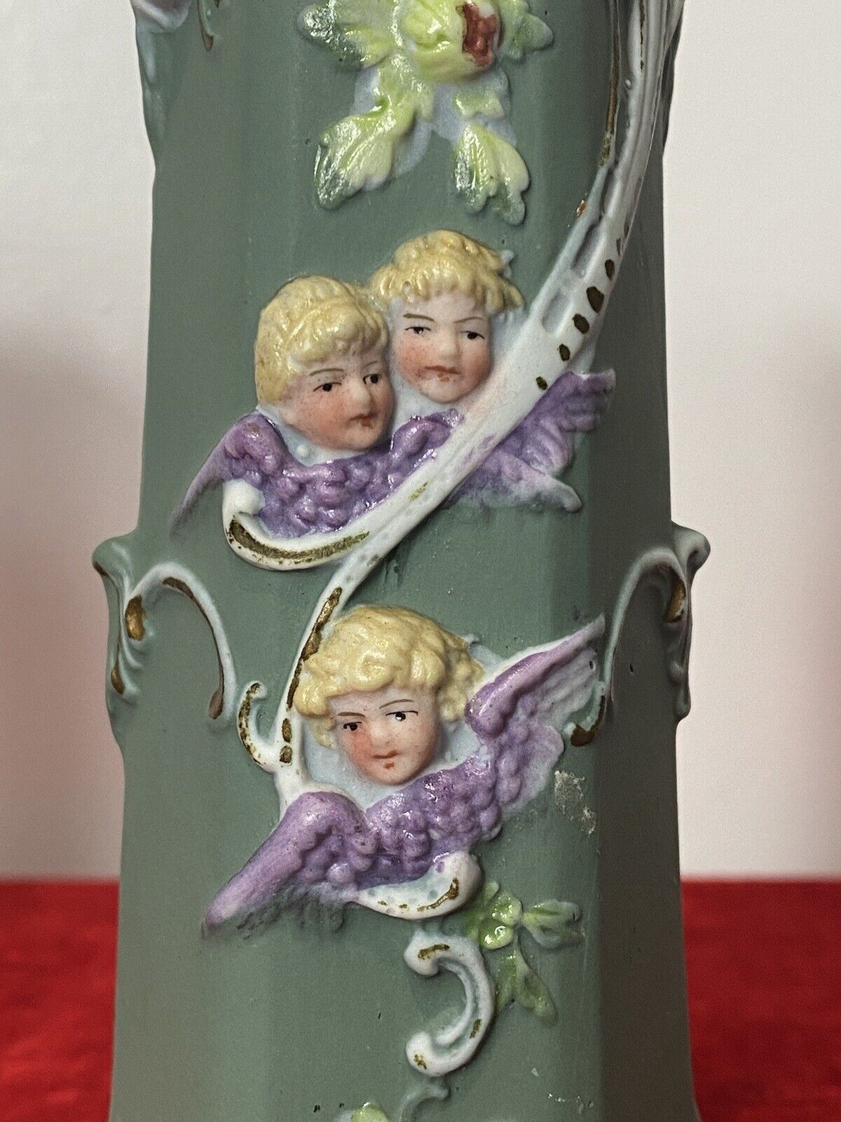 Pair Of Elaborate Parian Ware 'Trio Of Winged Putti' Hexagonal Posey Vases photo vinterior