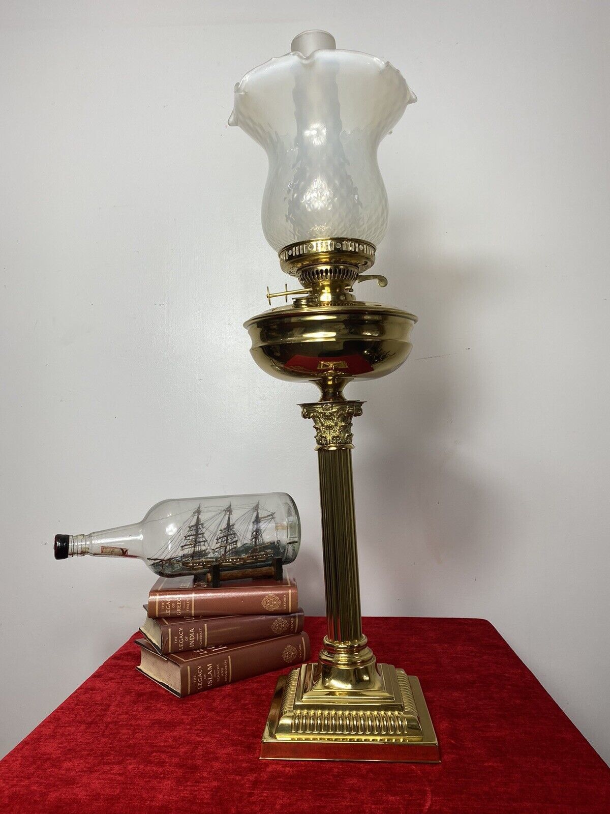 Brass Corinthian Column Table Oil Lamp With White Opaque Glass Funnel & Shade