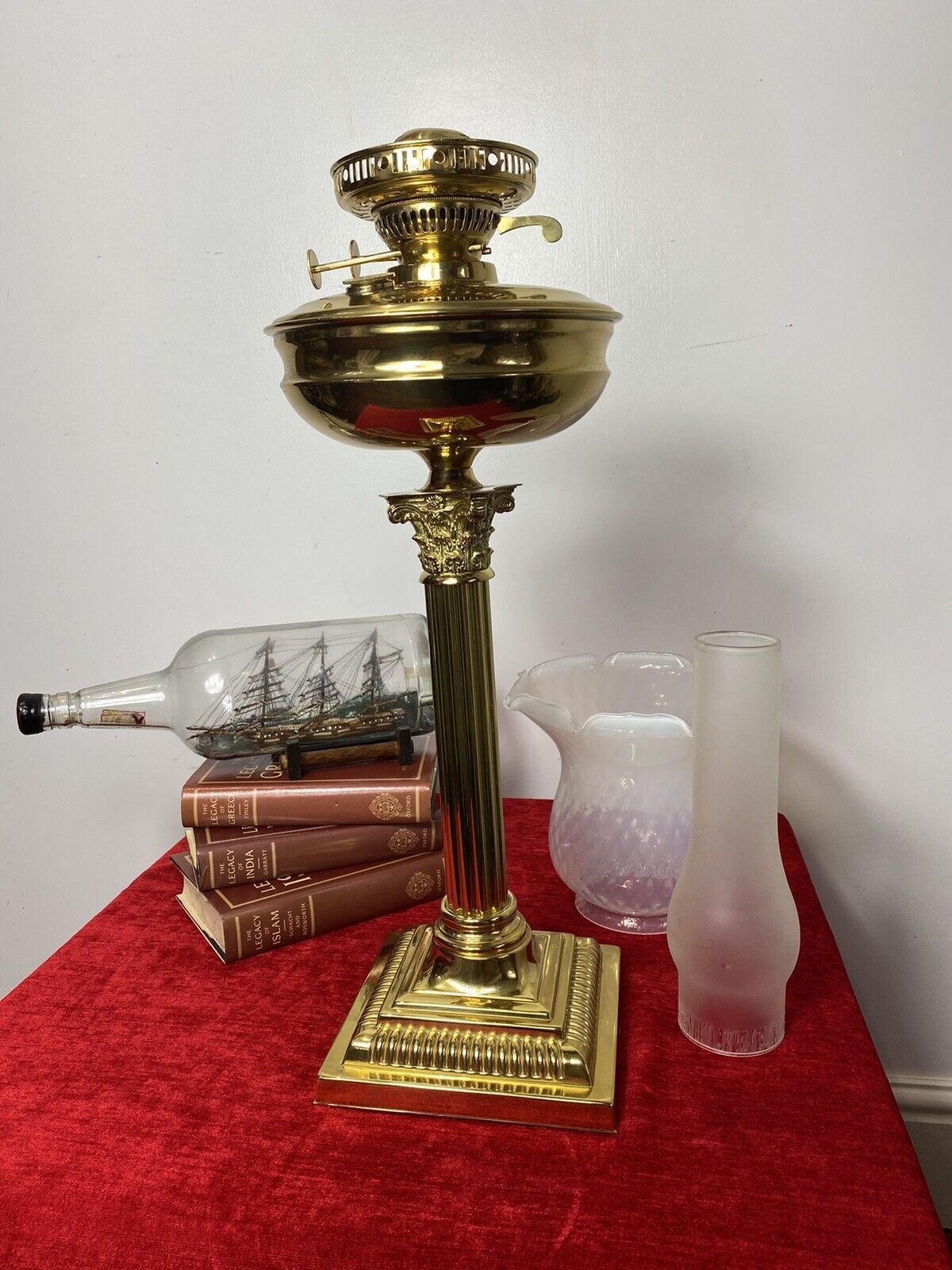 Brass Corinthian Column Table Oil Lamp With White Opaque Glass Funnel & Shade photo for sale