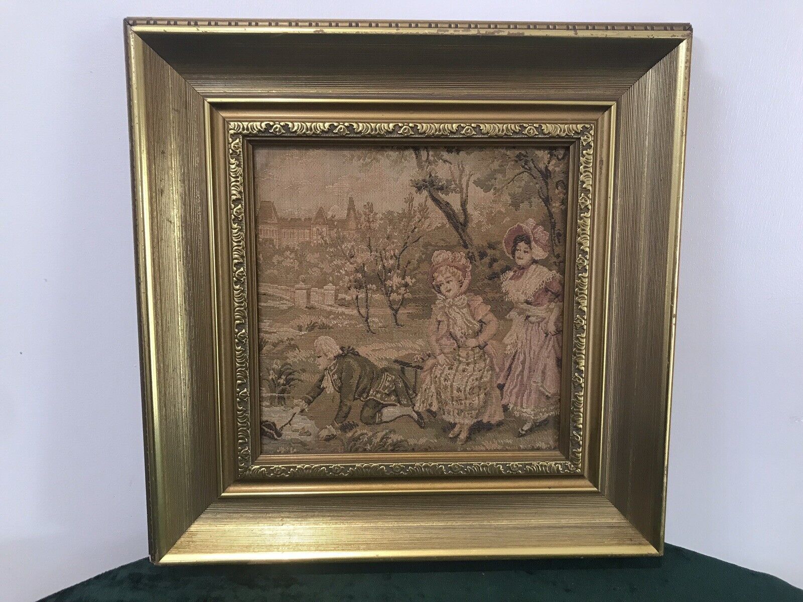 Fine Reproduction 18th Century Style French Figures In Chateau Garden Tapestry photo for sale