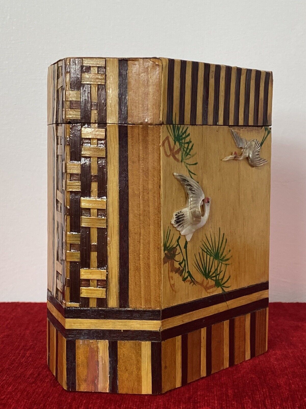 Fine 19th Century Oriental Prism Shaped Tea Caddy Inlaid In Exotic Woods photo buy