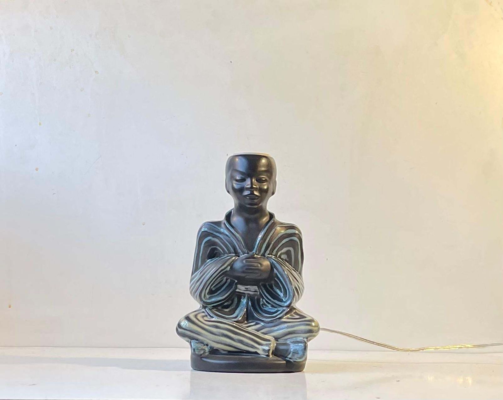 Vintage Black Buddha Table Lamp With Pastel Glazes By Søholm, Danish 1960s photo furniture