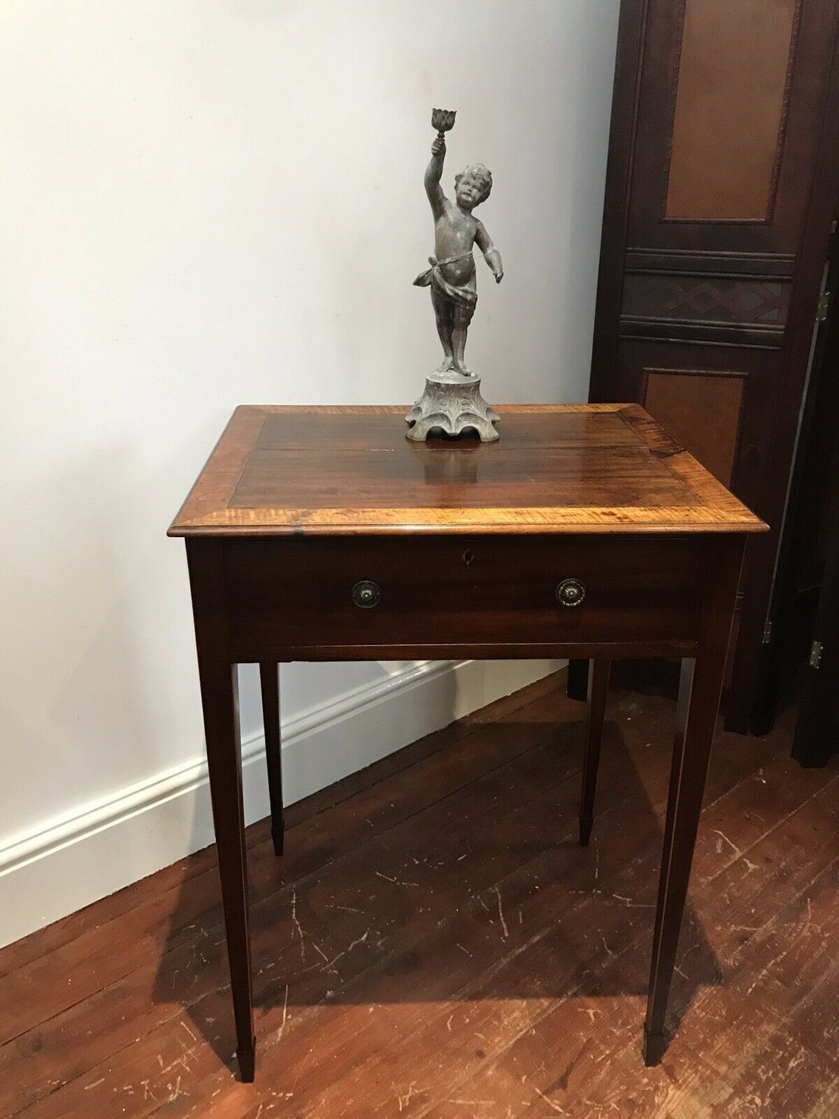 Period Antique Sheraton Style Side Table With Drawer And Tapered Legs