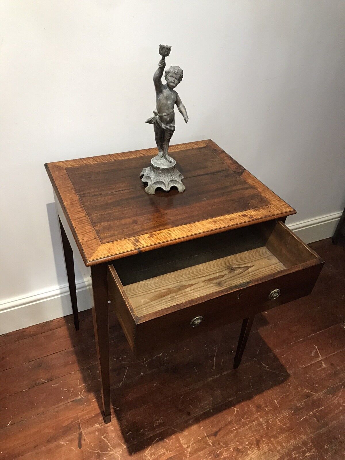 Period Antique Sheraton Style Side Table With Drawer And Tapered Legs photo for sale