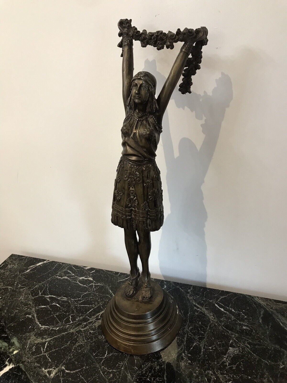 Art Nouveau Style Bronze Statue Of Dancing Girl Upon Bronze Circular Base