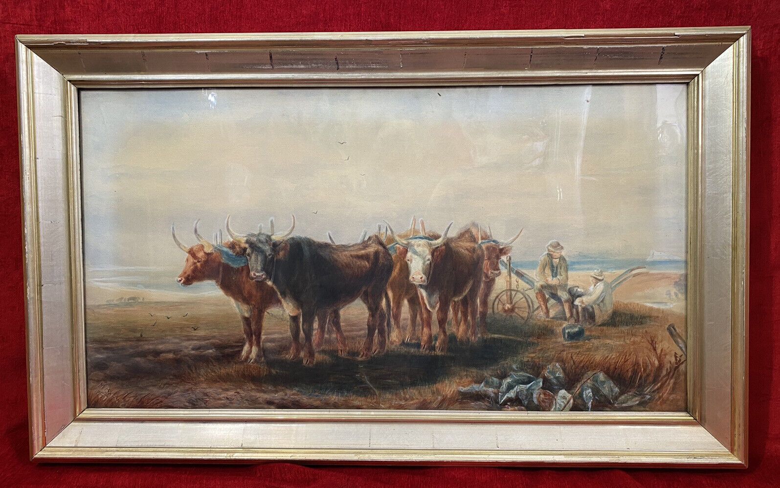 19th Century Scottish School Watercolour Of Highland Oxen With Plough Signed photo furniture