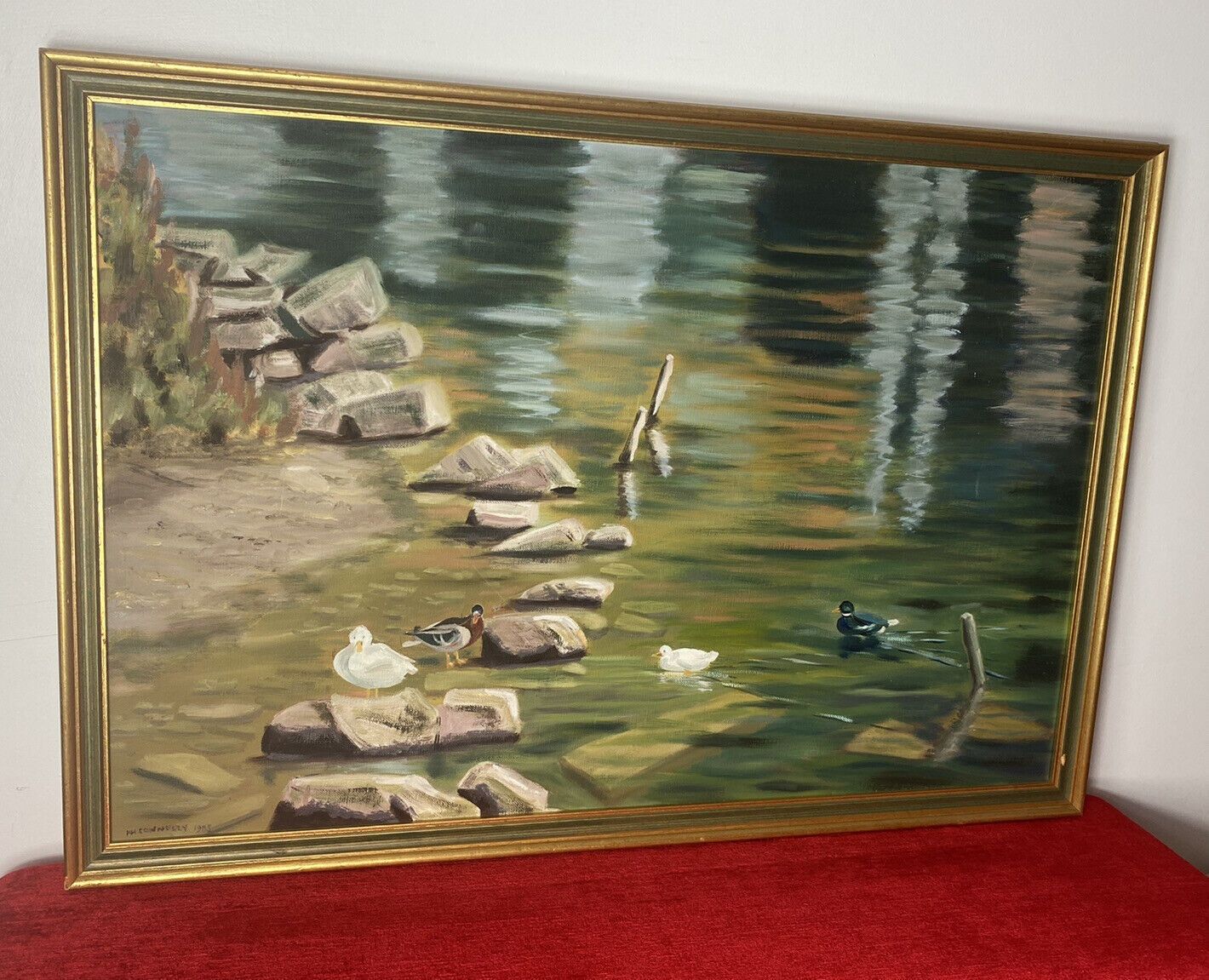 20th Century Ducklings With Stepping Stones Oil Painting Signed H H Connelly photo 225.0