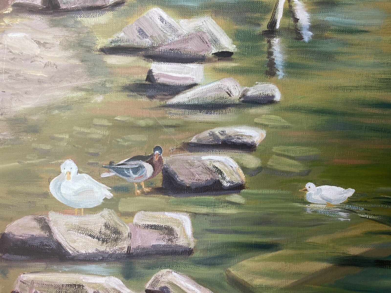 photo furniture 20th Century Ducklings With Stepping Stones Oil Painting Signed H H Connelly