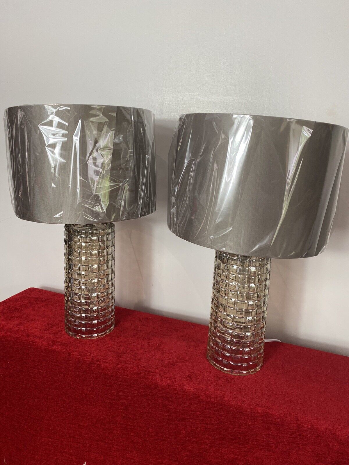 Pair Modern Art Contemporary Geometric Glass Lamps With Shades photo for sale