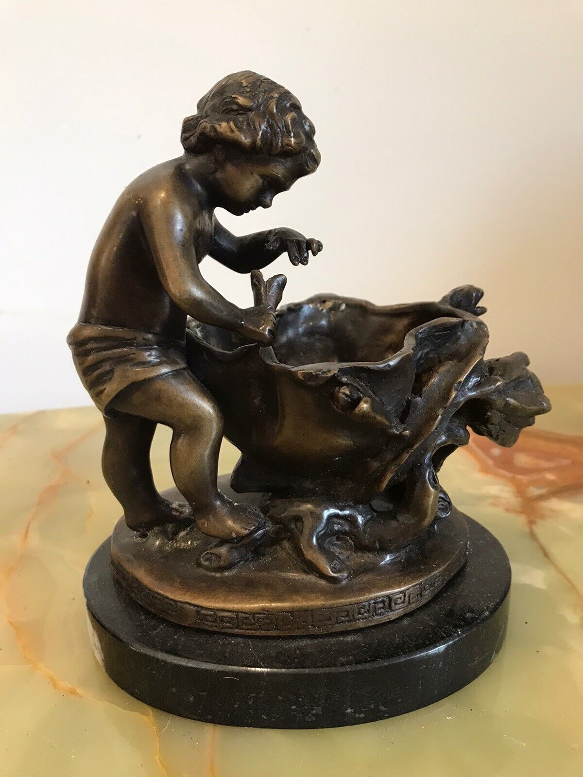 Charming Fine Reproduction French Bronze Cherub With Flora Urn Statue photo furniture