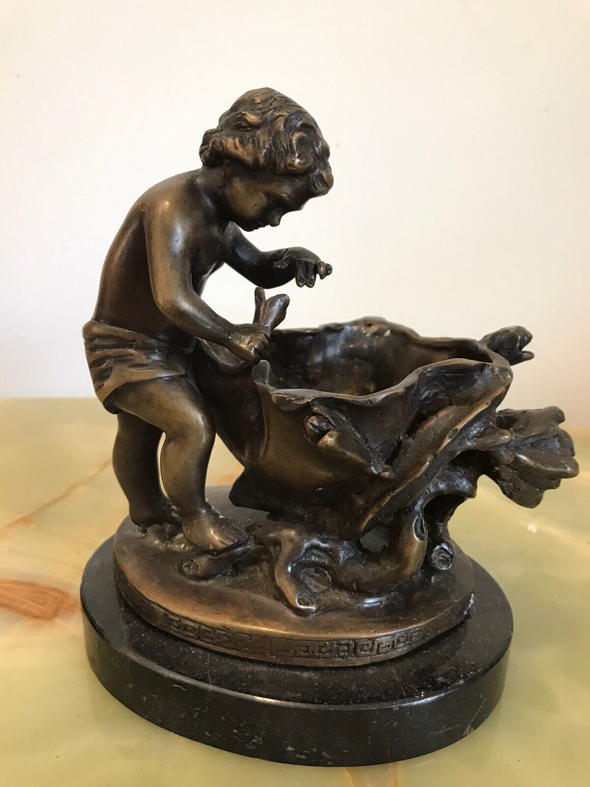 Charming Fine Reproduction French Bronze Cherub With Flora Urn Statue photo vintage
