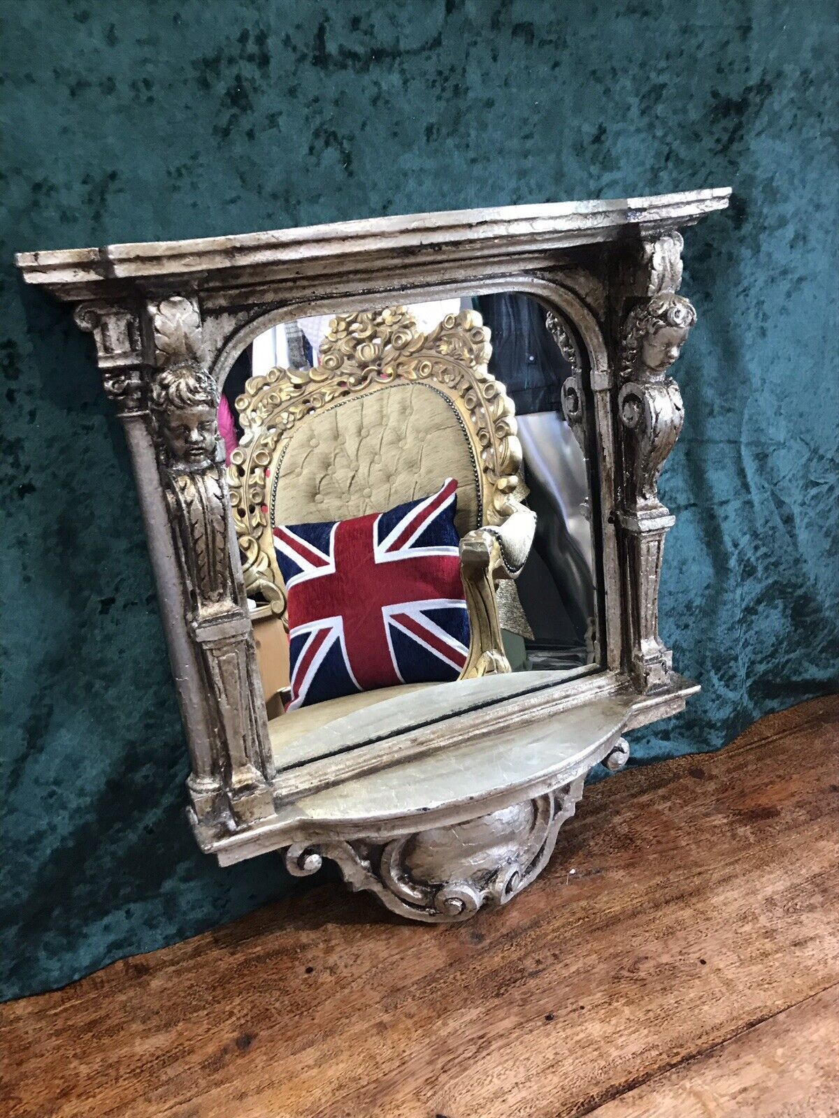 Italian Reproduction Silver Serpentine Shaped Cherub Pier Glass Mirror photo for sale