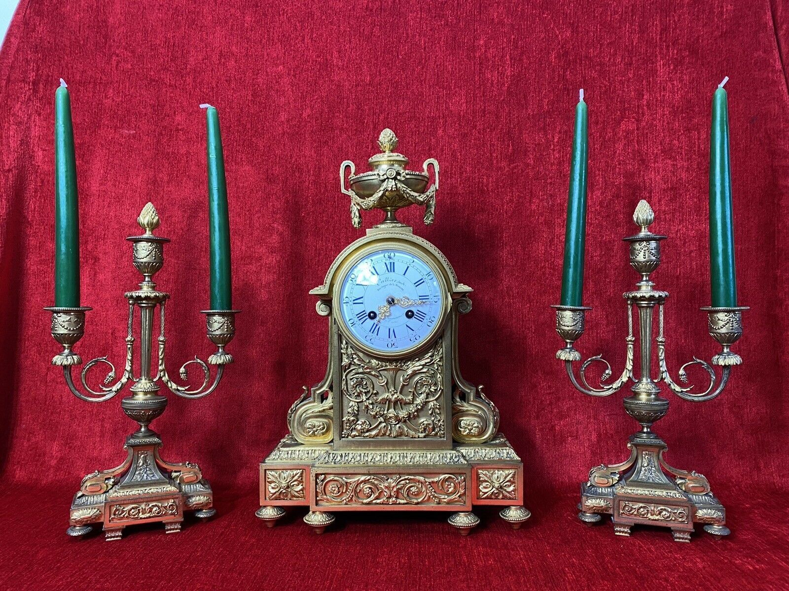 19th Century Japy Freres Bronze Ormolu Museum Quality Mantle Clock Garniture photo furniture
