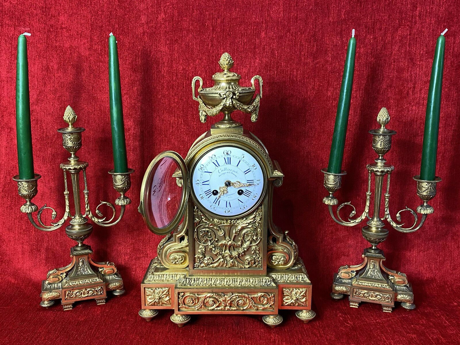 19th Century Japy Freres Bronze Ormolu Museum Quality Mantle Clock Garniture photo for sale