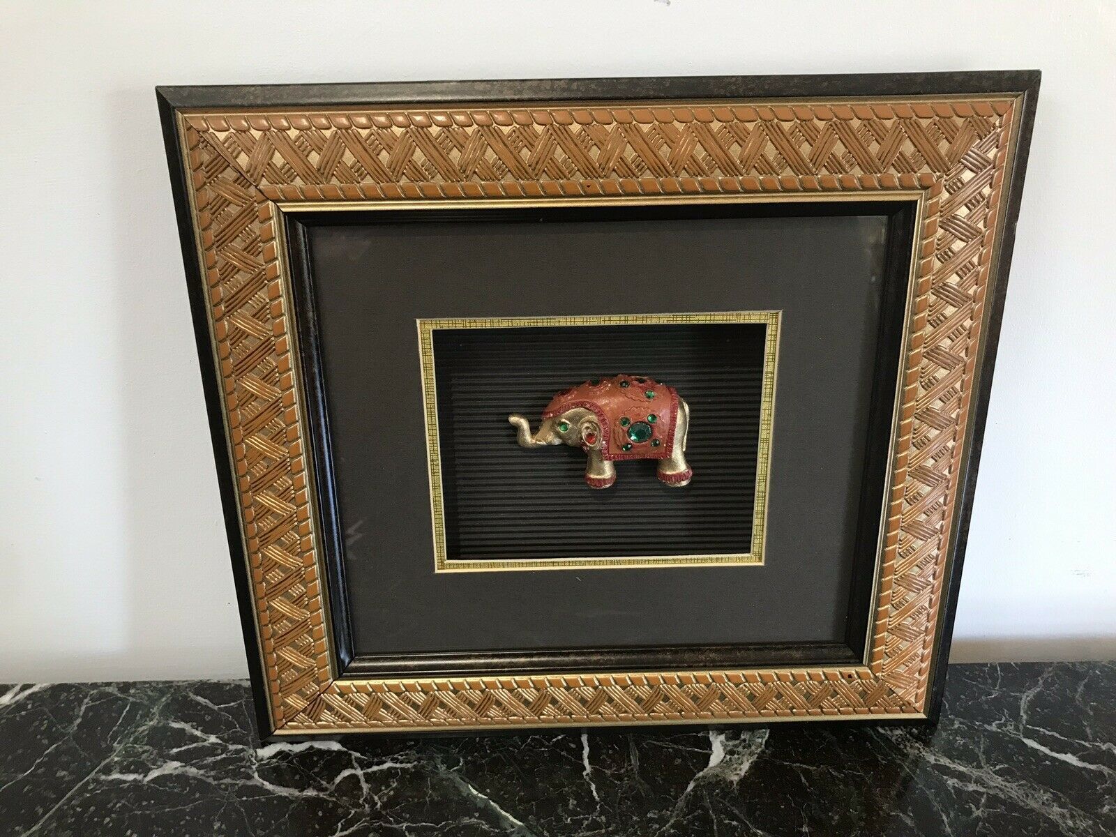Indian Minature Carved Elephant In A Carved Guilt Picture Frame