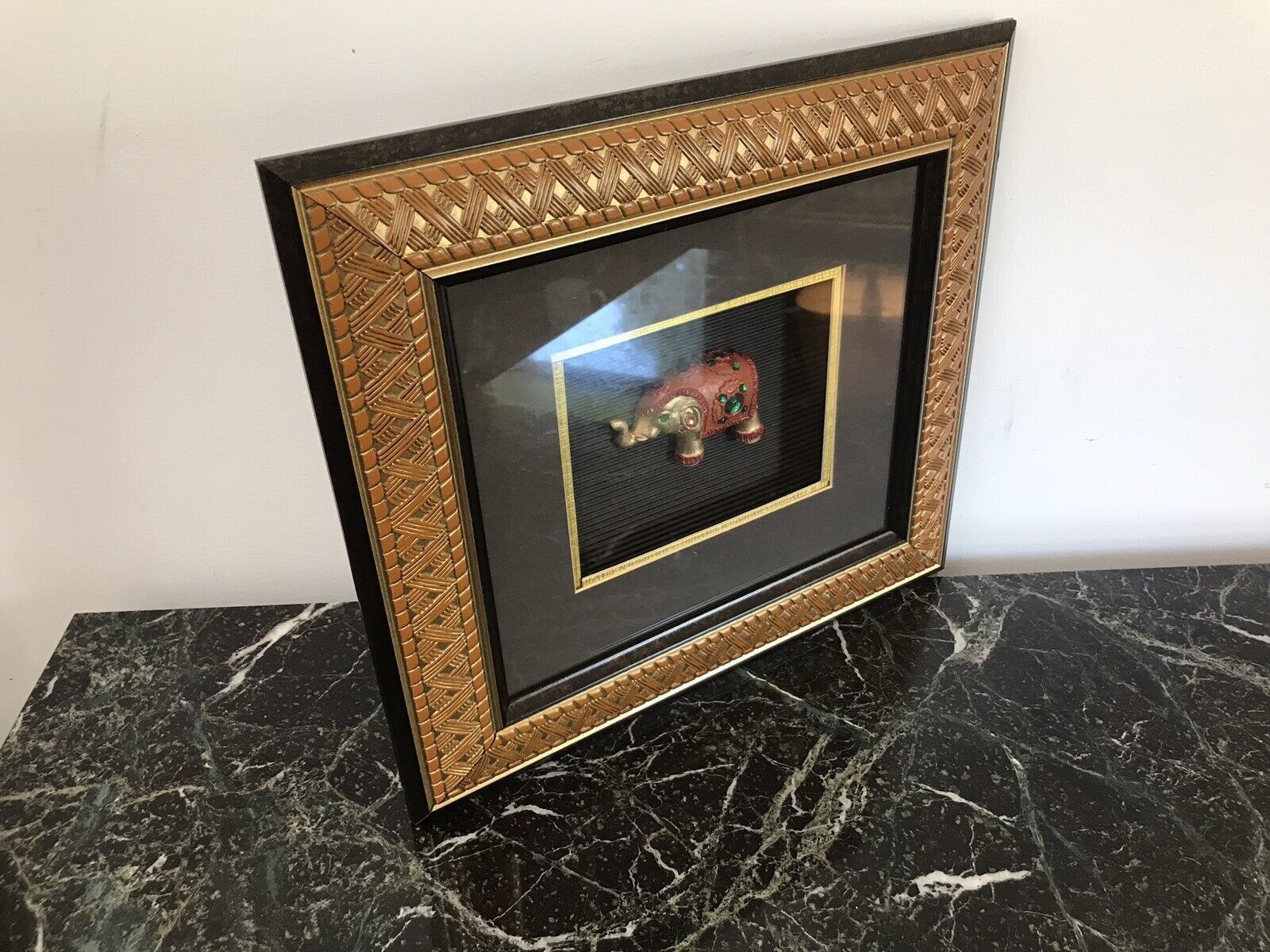 Indian Minature Carved Elephant In A Carved Guilt Picture Frame photo buy