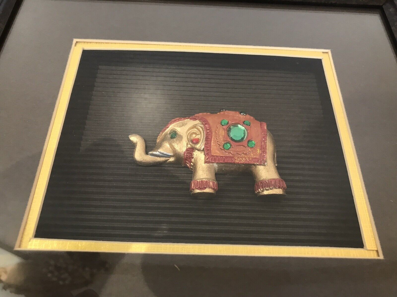 Indian Minature Carved Elephant In A Carved Guilt Picture Frame photo vintage