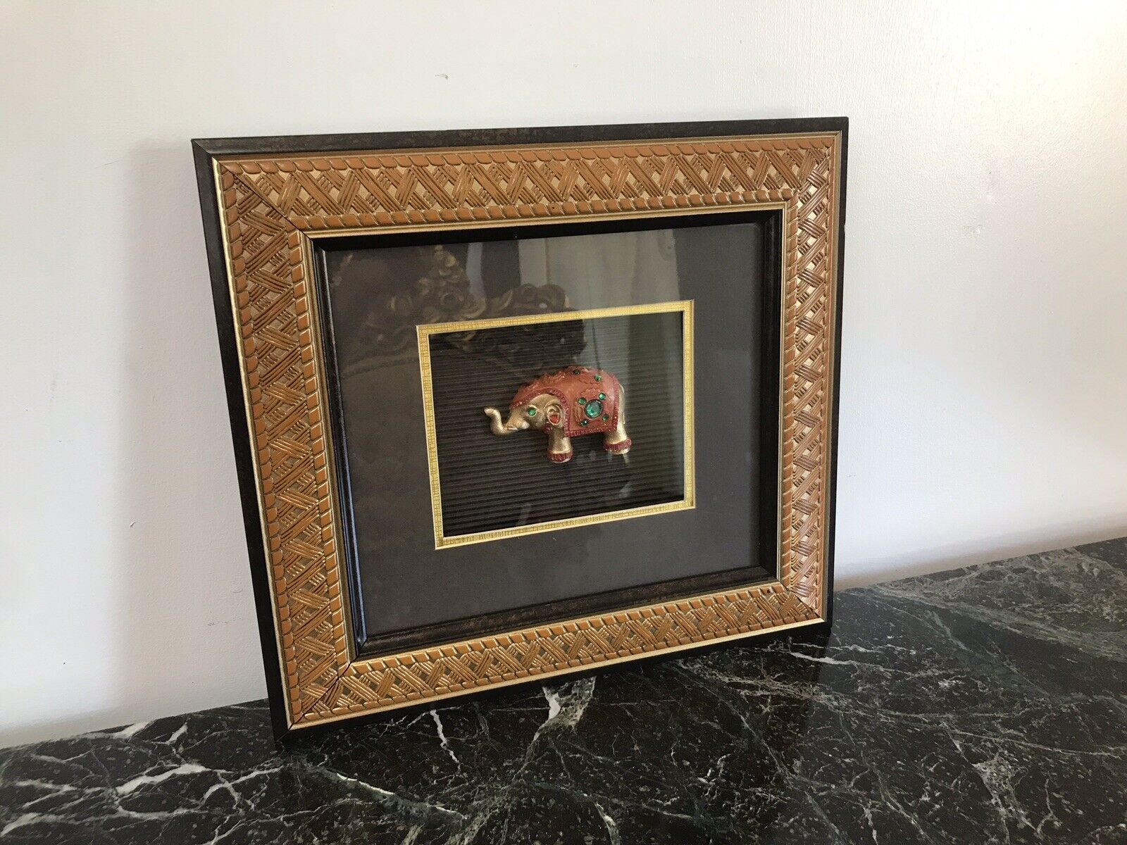 photo for sale Indian Minature Carved Elephant In A Carved Guilt Picture Frame