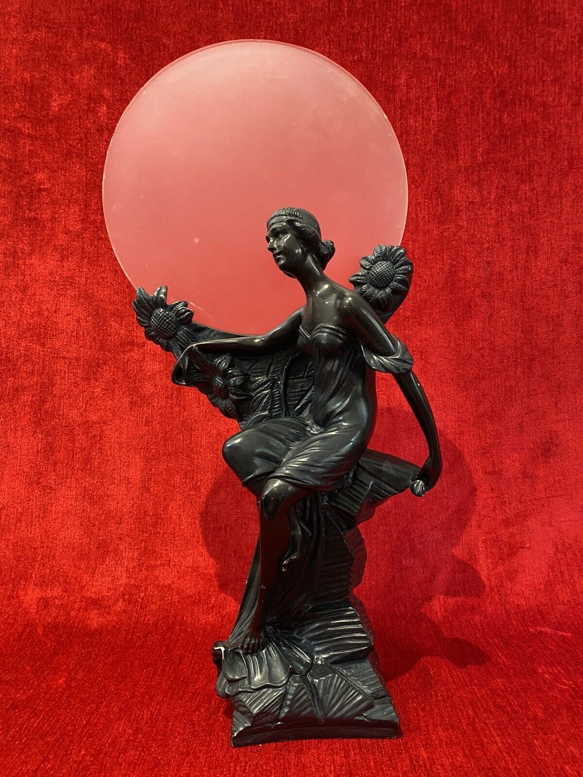 Art Nouveau Figurative Sculpture Of Female & Sunflowers With Frosted Sphere