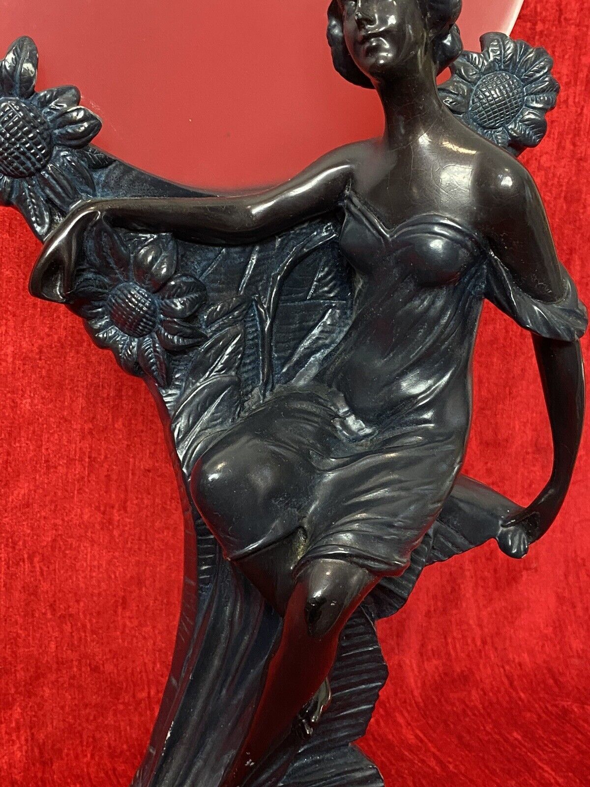 Art Nouveau Figurative Sculpture Of Female & Sunflowers With Frosted Sphere photo vinterior