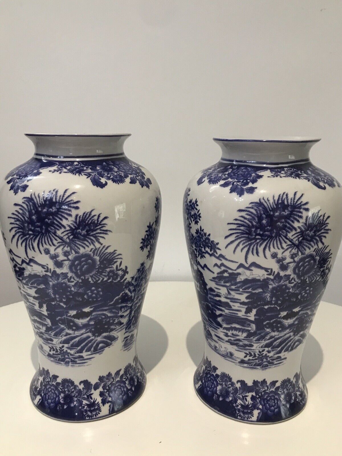 Pair Of Fine Landscape Oriental Pictorial Scene Porcelain Glazed Vases photo 138.0