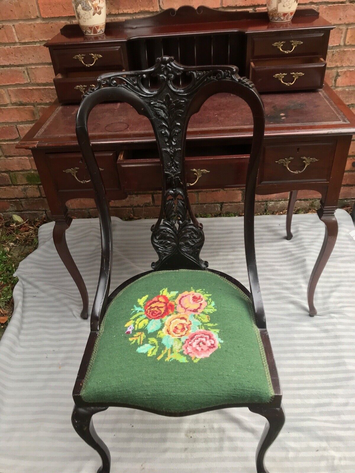 Ladies Period Art Nouveau Spanish Mahogany Writing Table With Chair photo vintage