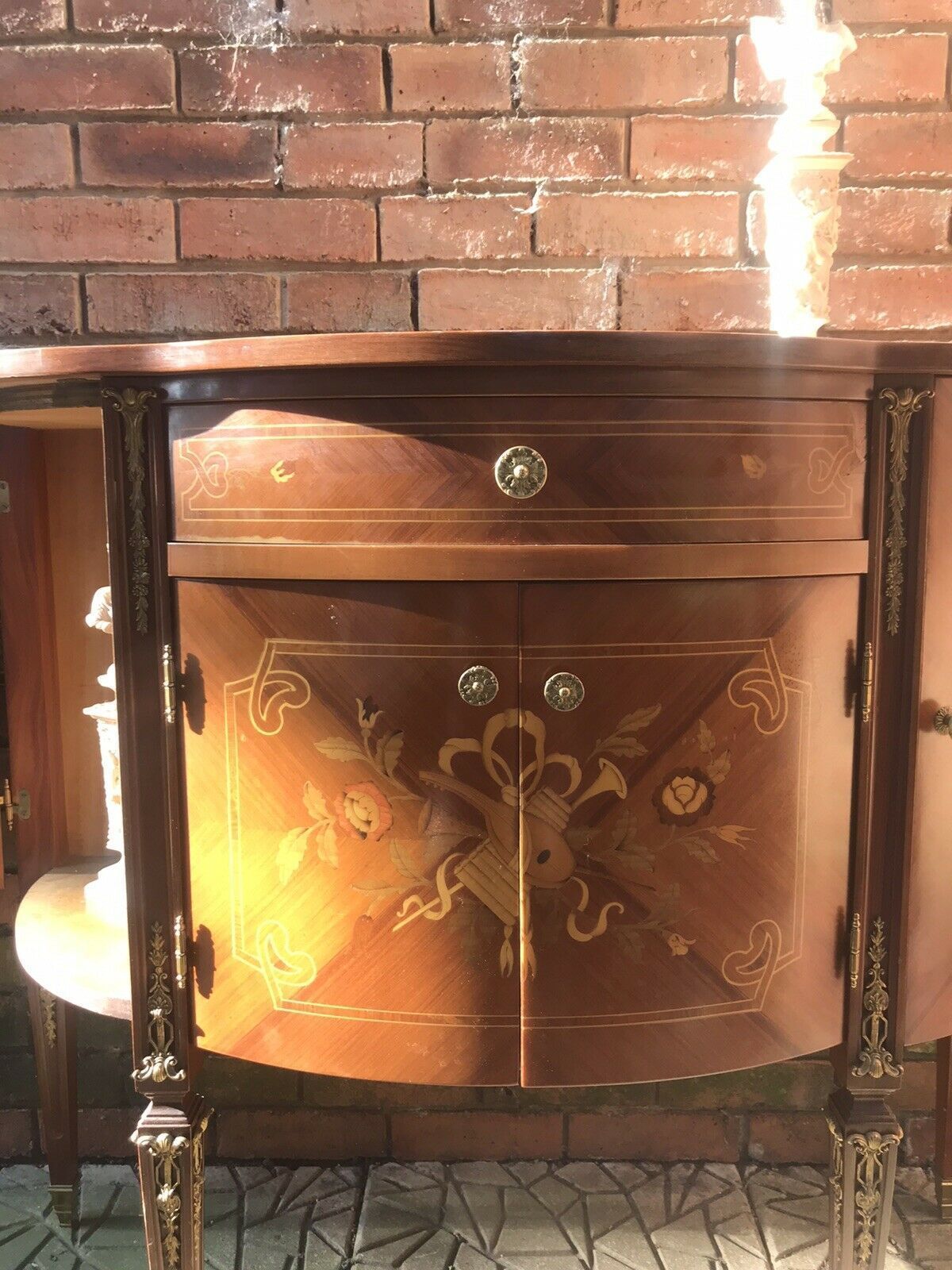 Italianate Marquetry Bow Front Commode With Romantic Floral Bouquet Inlays photo vinterior